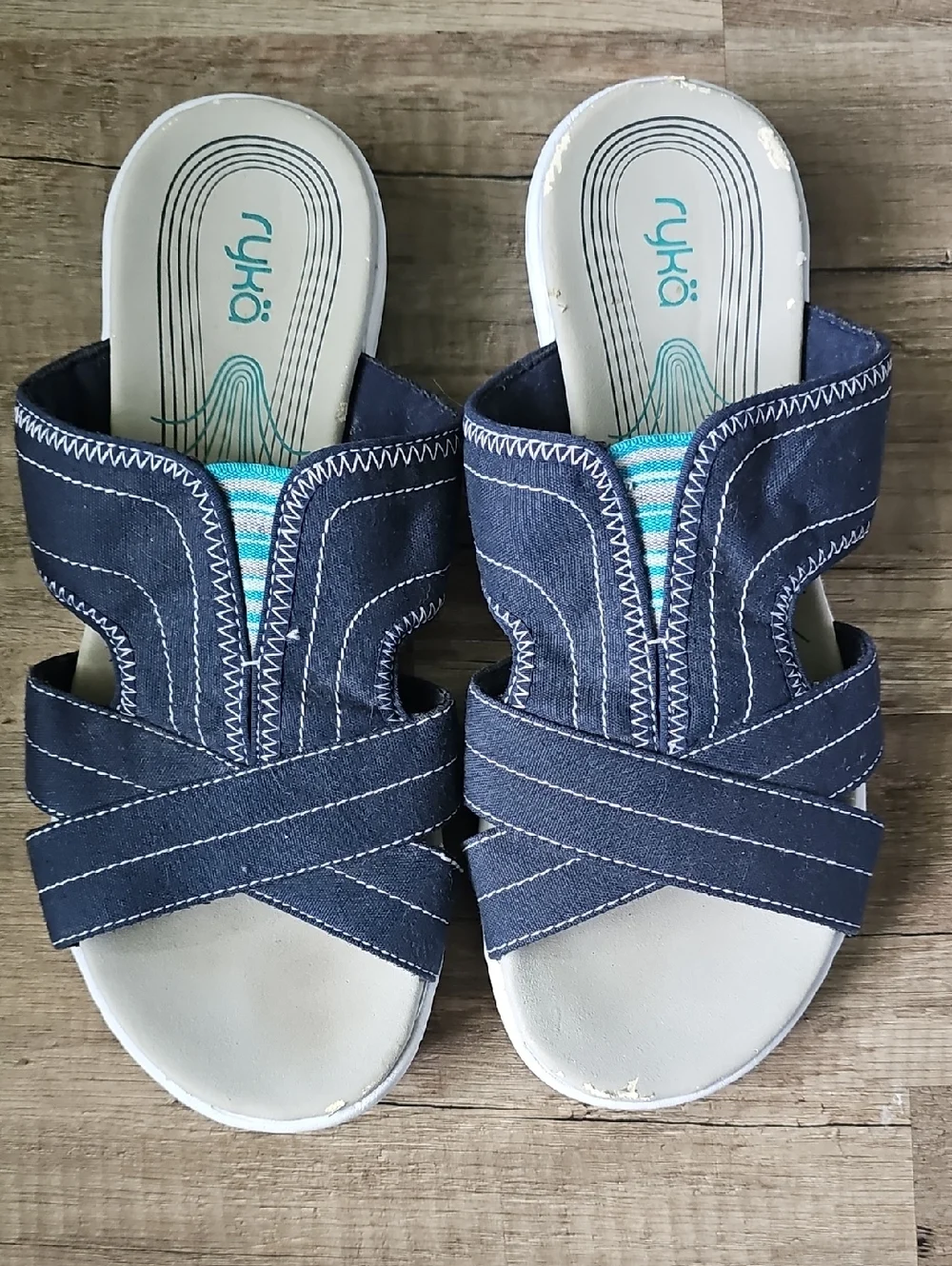 Ryka Navy and Teal Cross-Strap Slide Sandals Size 8